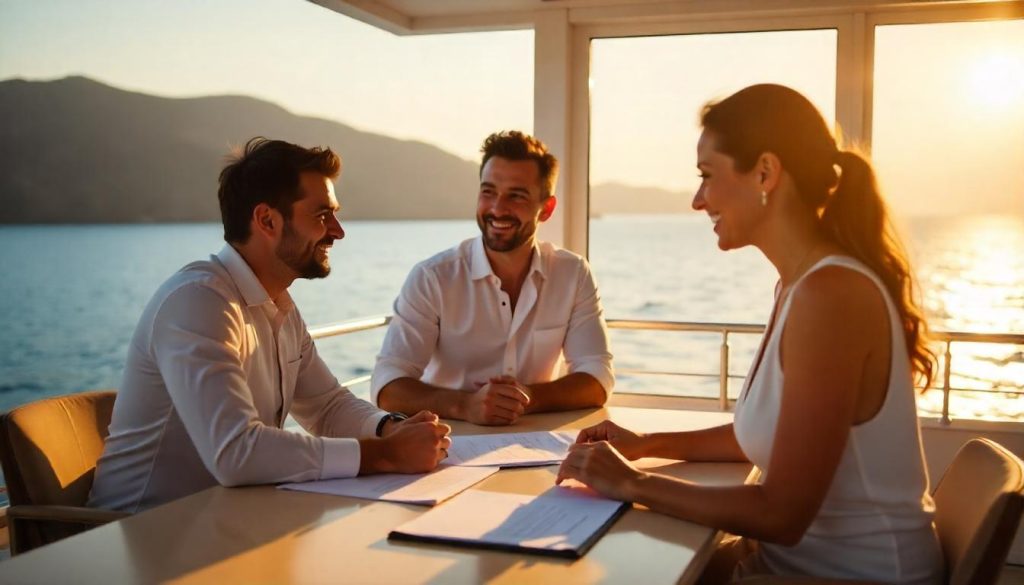 Pár v kanceláři Santorini během spolehlivé charterové společnosti jachty, s výhledem na kalderu a zástupce v pozadí.